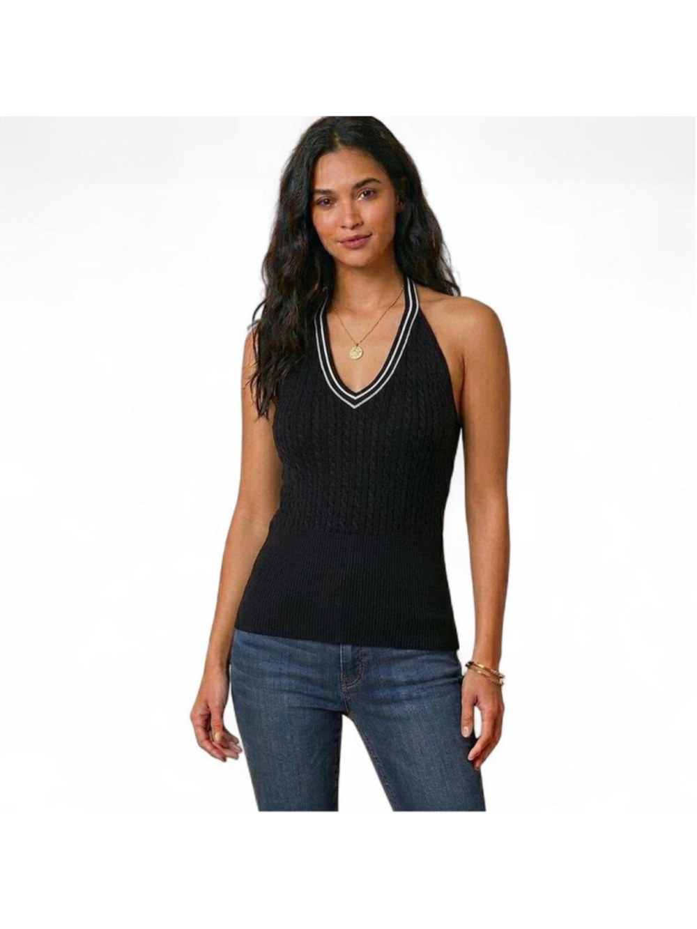 Banana Republic Black sweater halter neck top with white stripes built-in bra
Si